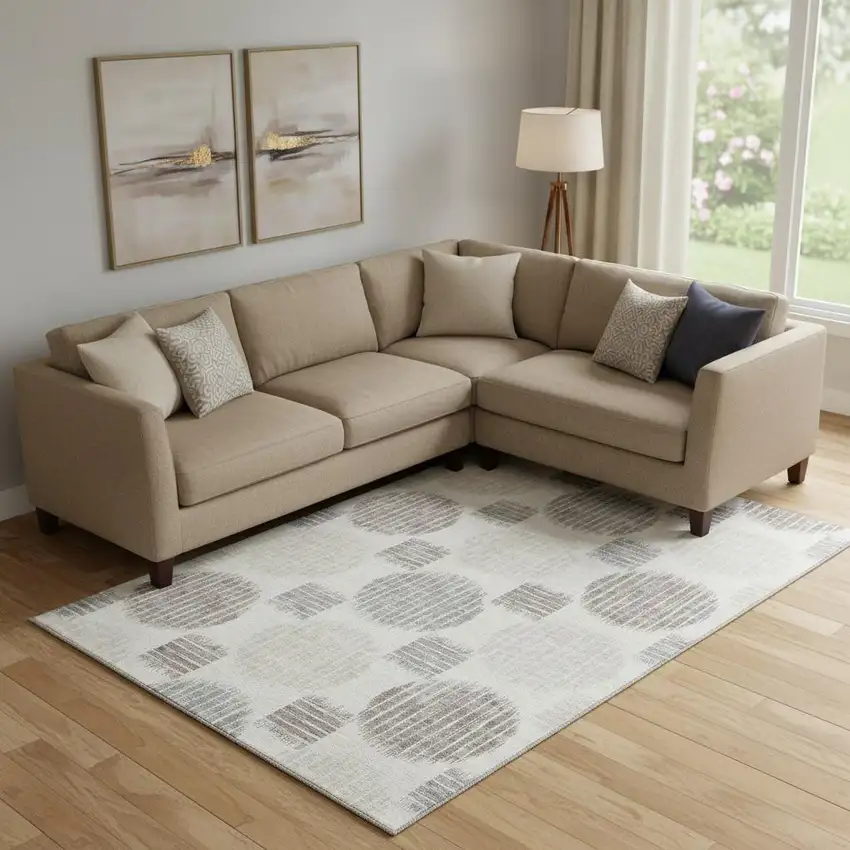 Ivory Beige And Gray Geometric Washable Area Rug With UV Protection Photo 1