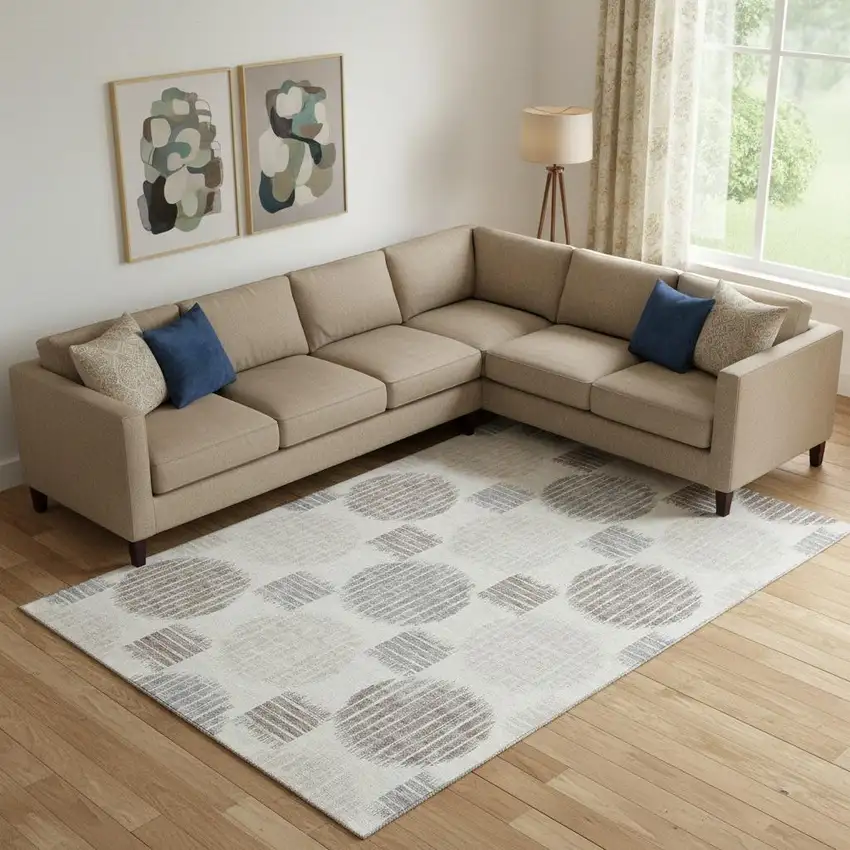 Ivory Beige And Gray Geometric Washable Area Rug With UV Protection Photo 1