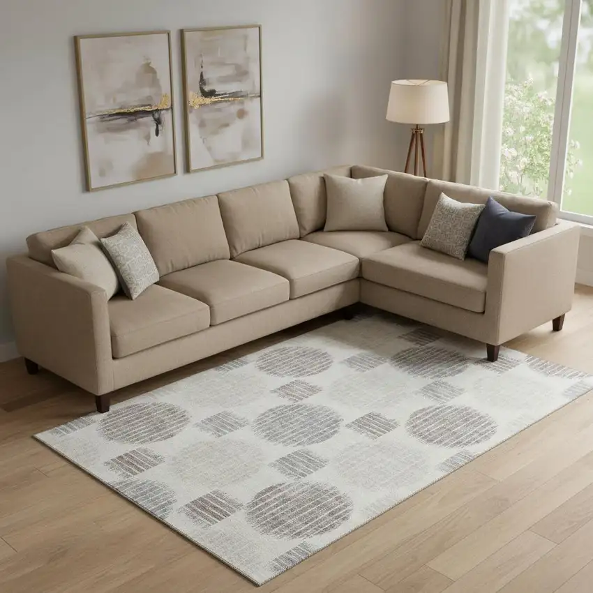 Ivory Beige And Gray Geometric Washable Area Rug With UV Protection Photo 1