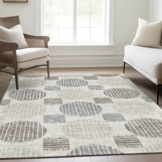 Ivory Beige And Gray Geometric Washable Area Rug With UV Protection Photo 6