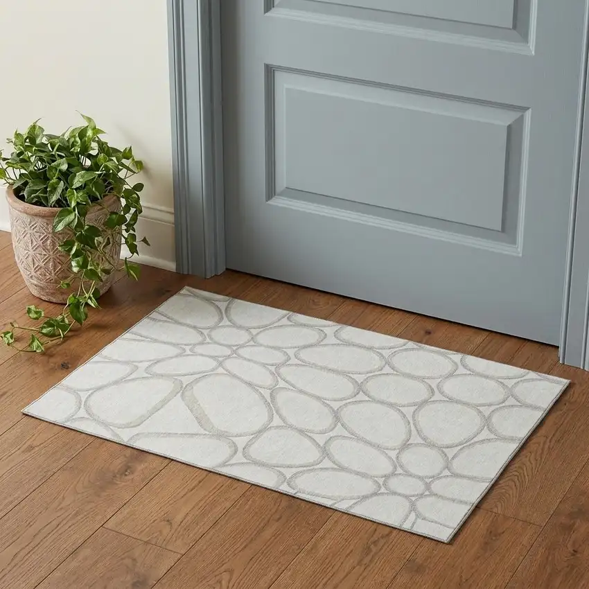 Ivory Beige And Gray Geometric Washable Area Rug With UV Protection Photo 1