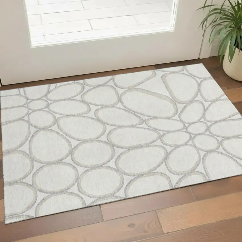 Ivory Beige And Gray Geometric Washable Area Rug With UV Protection Photo 1