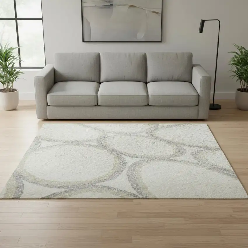 Ivory Beige And Gray Geometric Washable Area Rug With UV Protection Photo 2