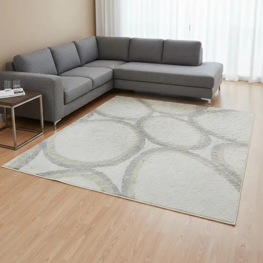 Ivory Beige And Gray Geometric Washable Area Rug With UV Protection Photo 2