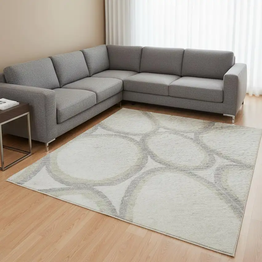 Ivory Beige And Gray Geometric Washable Area Rug With UV Protection Photo 2