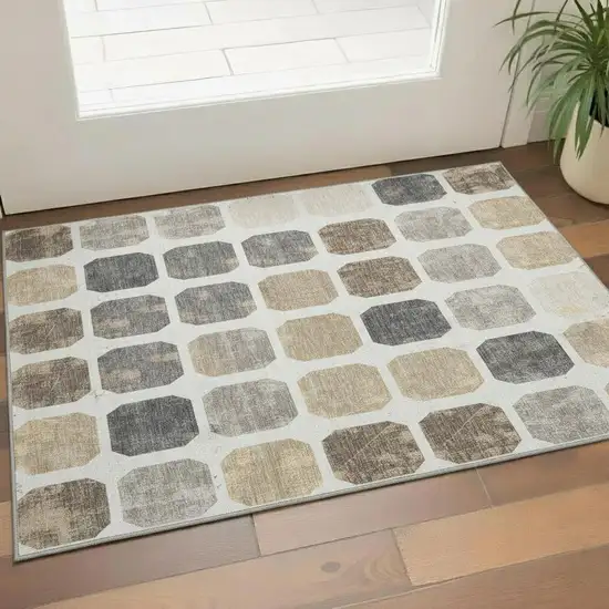 Ivory Beige And Gray Geometric Washable Area Rug With UV Protection Photo 1