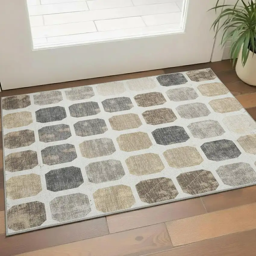 Ivory Beige And Gray Geometric Washable Area Rug With UV Protection Photo 1