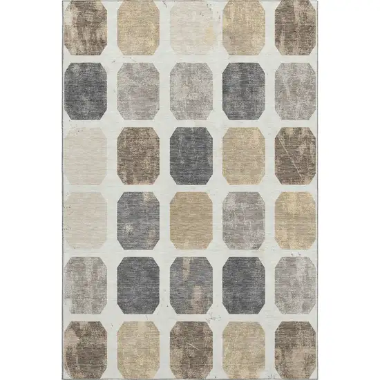 Ivory Beige And Gray Geometric Washable Area Rug With UV Protection Photo 1