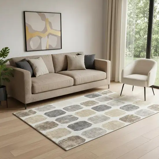 Ivory Beige And Gray Geometric Washable Area Rug With UV Protection Photo 2