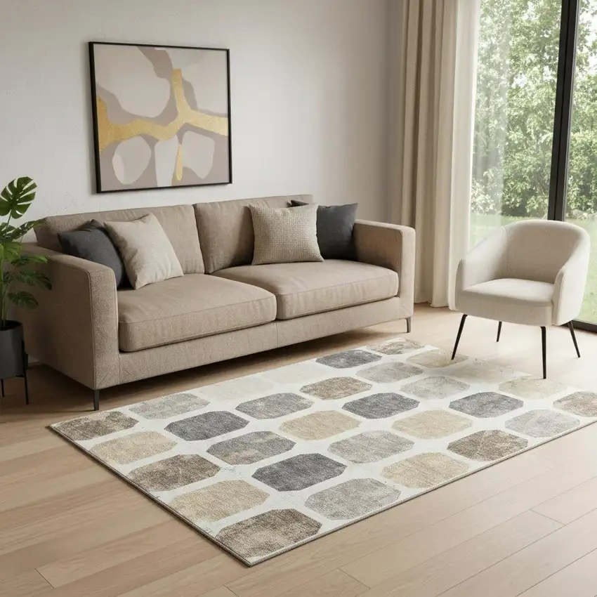 Ivory Beige And Gray Geometric Washable Area Rug With UV Protection Photo 2