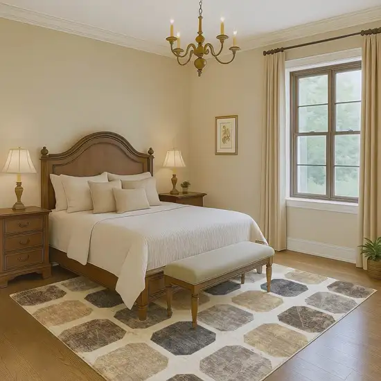 Ivory Beige And Gray Geometric Washable Area Rug With UV Protection Photo 5