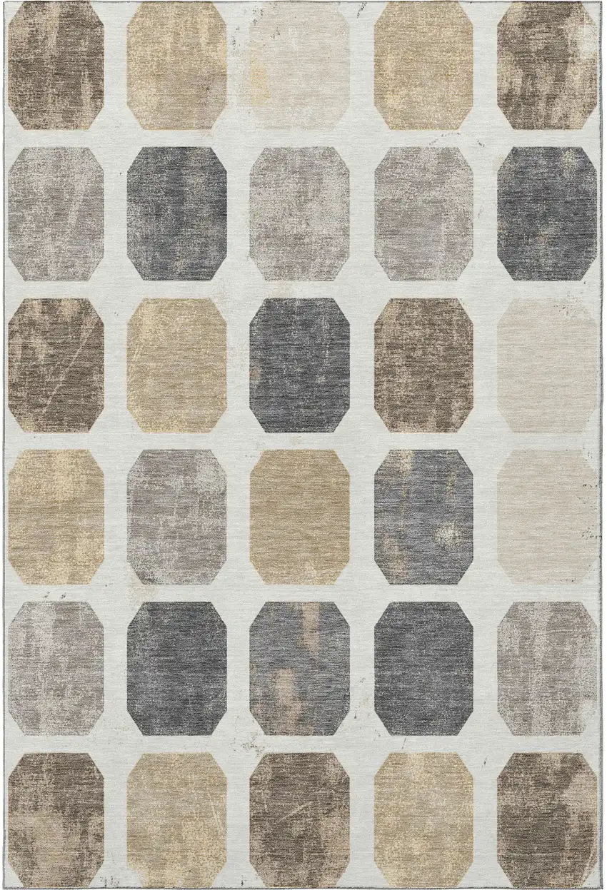 Ivory Beige And Gray Geometric Washable Area Rug With UV Protection Photo 3