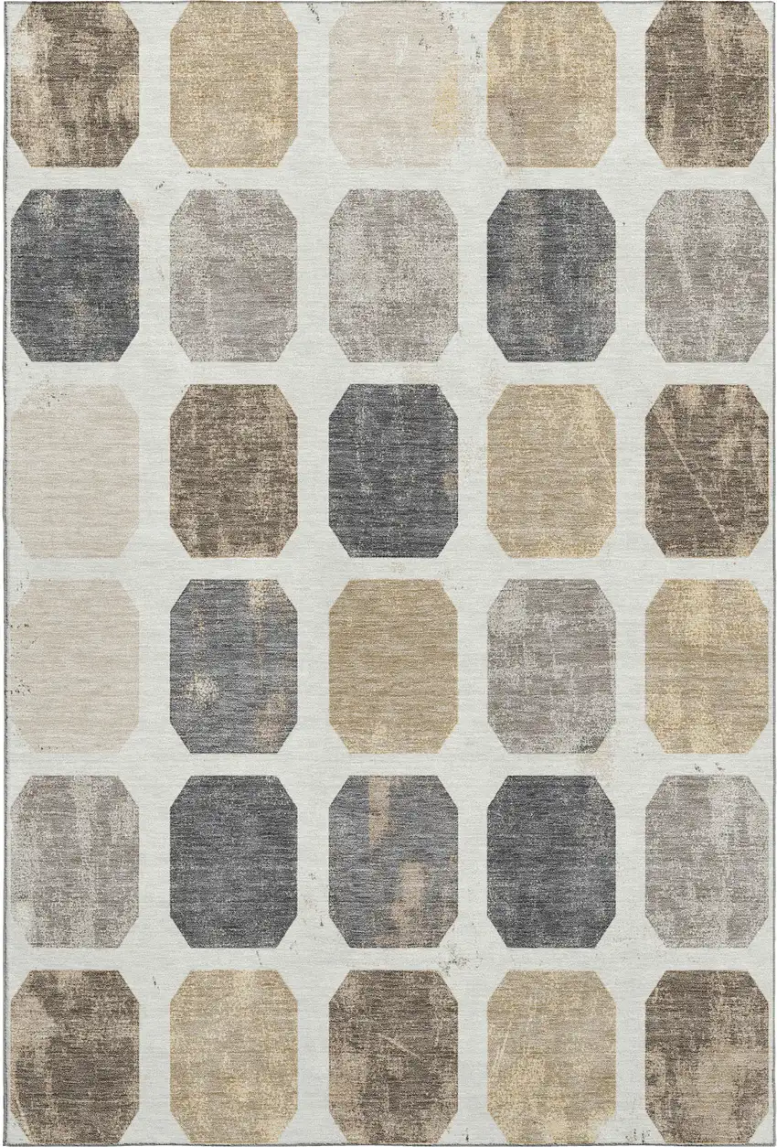 Ivory Beige And Gray Geometric Washable Area Rug With UV Protection Photo 1