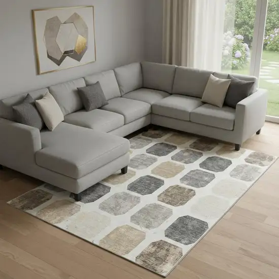 Ivory Beige And Gray Geometric Washable Area Rug With UV Protection Photo 2