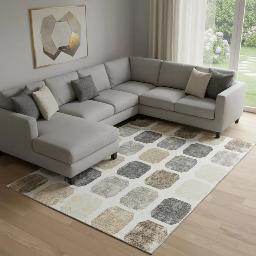 Ivory Beige And Gray Geometric Washable Area Rug With UV Protection Photo 2