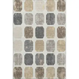 Photo of Ivory Beige And Gray Geometric Washable Area Rug With UV Protection