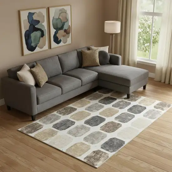 Ivory Beige And Gray Geometric Washable Area Rug With UV Protection Photo 2