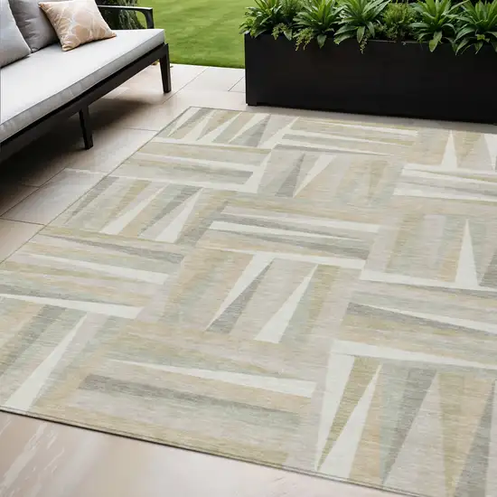 Ivory Beige And Gray Geometric Washable Indoor Outdoor Area Rug Photo 1