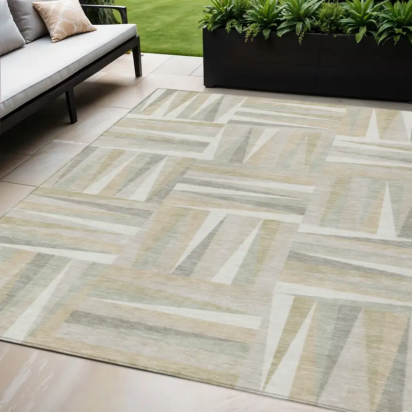 Ivory Beige And Gray Geometric Washable Indoor Outdoor Area Rug Photo 1