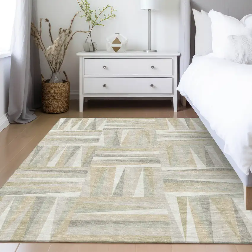 Ivory Beige And Gray Geometric Washable Indoor Outdoor Area Rug Photo 9