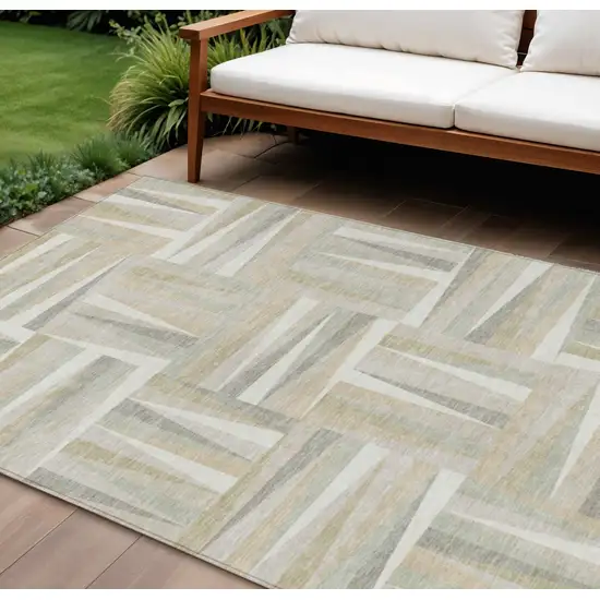 Ivory Beige And Gray Geometric Washable Indoor Outdoor Area Rug Photo 1