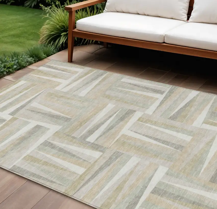 Ivory Beige And Gray Geometric Washable Indoor Outdoor Area Rug Photo 1