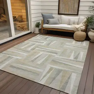 Photo of Ivory Beige And Gray Geometric Washable Indoor Outdoor Area Rug