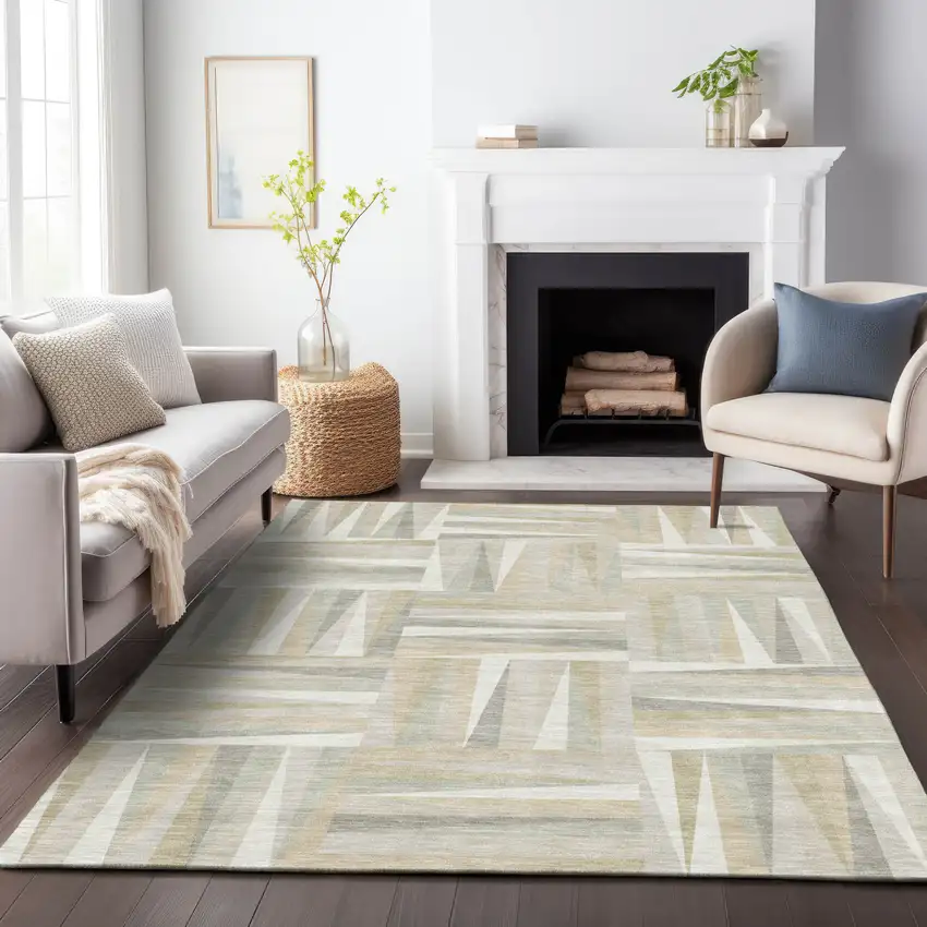 Ivory Beige And Gray Geometric Washable Indoor Outdoor Area Rug Photo 6