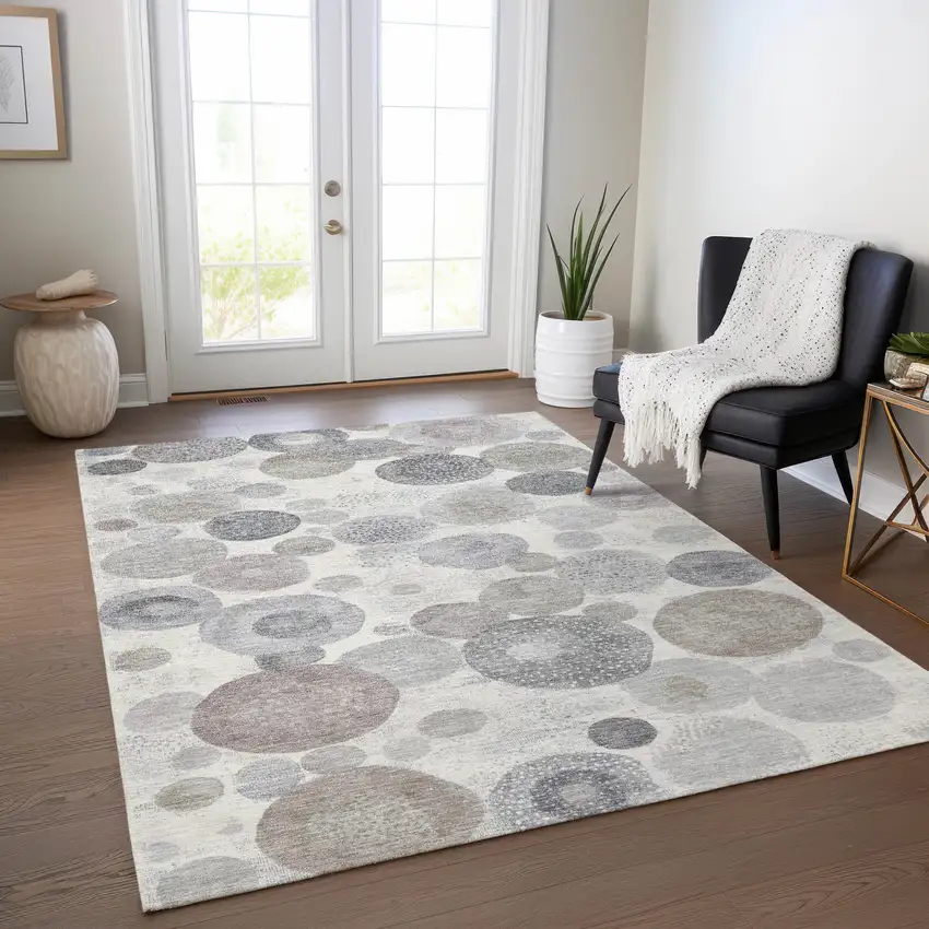 Ivory Beige And Gray Geometric Washable Indoor Outdoor Area Rug Photo 5