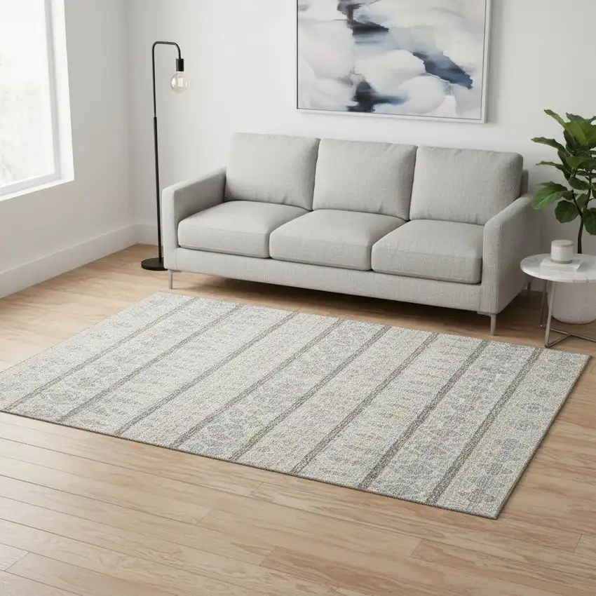 Ivory Beige And Gray Ikat Washable Area Rug With UV Protection Photo 2