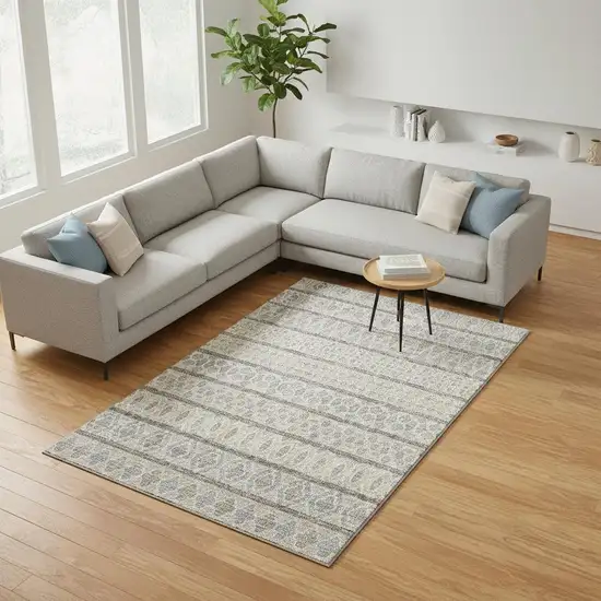 Ivory Beige And Gray Ikat Washable Area Rug With UV Protection Photo 2