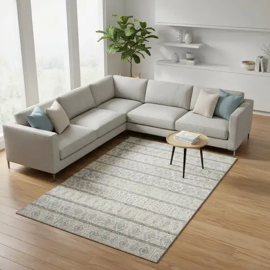 Ivory Beige And Gray Ikat Washable Area Rug With UV Protection Photo 2