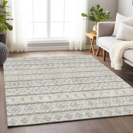 Ivory Beige And Gray Ikat Washable Area Rug With UV Protection Photo 5