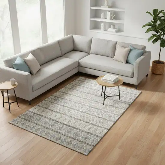 Ivory Beige And Gray Ikat Washable Area Rug With UV Protection Photo 2