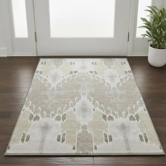 Ivory Beige And Gray Ikat Washable Area Rug With UV Protection Photo 2
