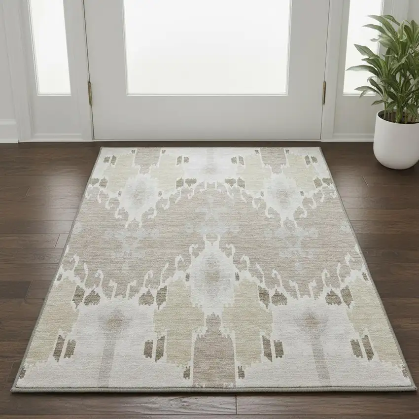 Ivory Beige And Gray Ikat Washable Area Rug With UV Protection Photo 2