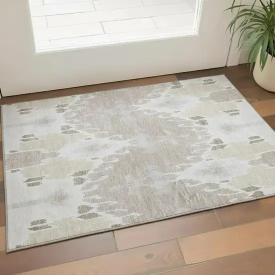 Ivory Beige And Gray Ikat Washable Area Rug With UV Protection Photo 2