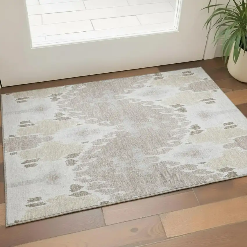 Ivory Beige And Gray Ikat Washable Area Rug With UV Protection Photo 2