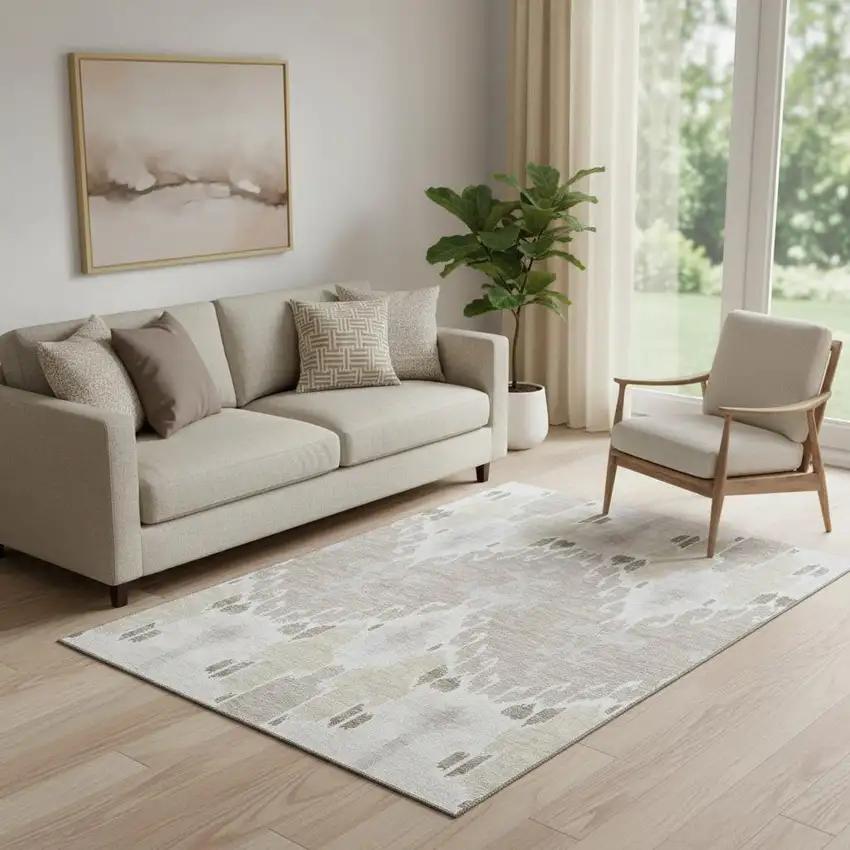 Ivory Beige And Gray Ikat Washable Area Rug With UV Protection Photo 1