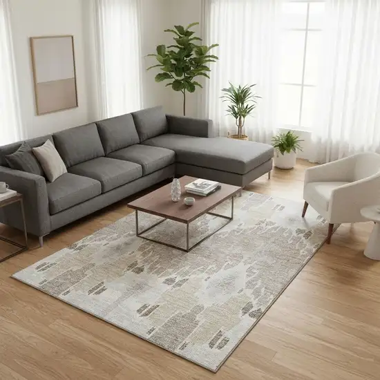 Ivory Beige And Gray Ikat Washable Area Rug With UV Protection Photo 2