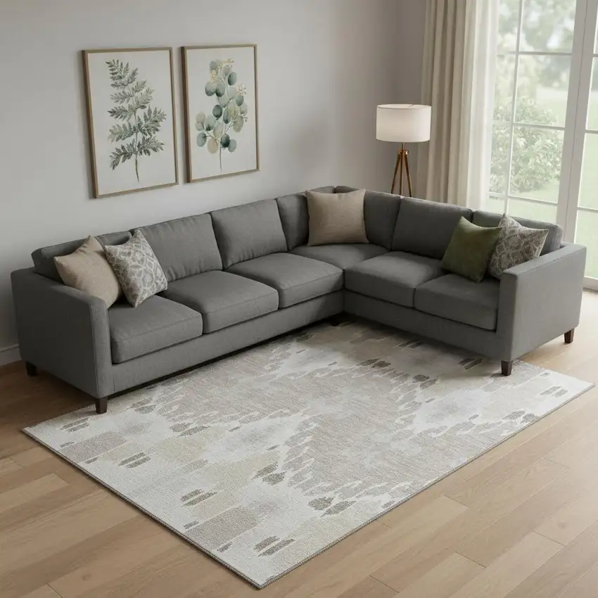 Ivory Beige And Gray Ikat Washable Area Rug With UV Protection Photo 1