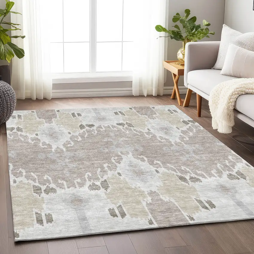 Ivory Beige And Gray Ikat Washable Area Rug With UV Protection Photo 5