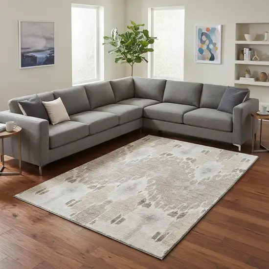 Ivory Beige And Gray Ikat Washable Area Rug With UV Protection Photo 2