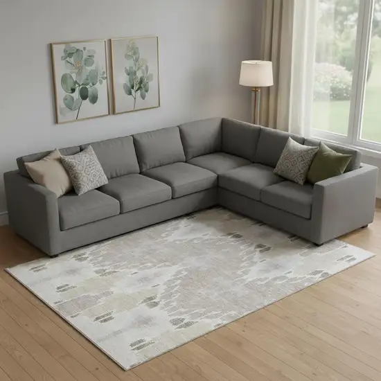 Ivory Beige And Gray Ikat Washable Area Rug With UV Protection Photo 1