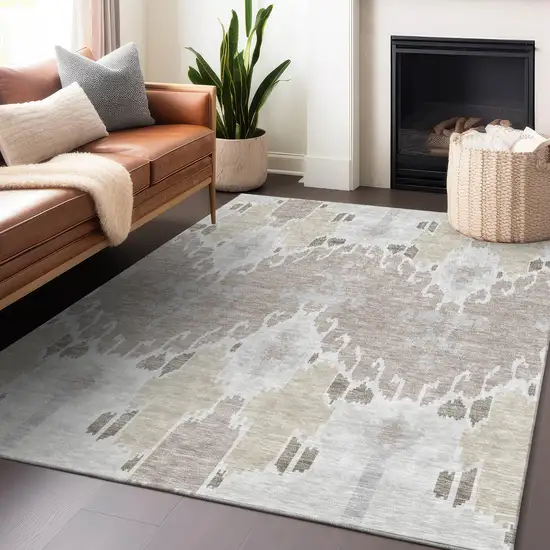 Ivory Beige And Gray Ikat Washable Area Rug With UV Protection Photo 6