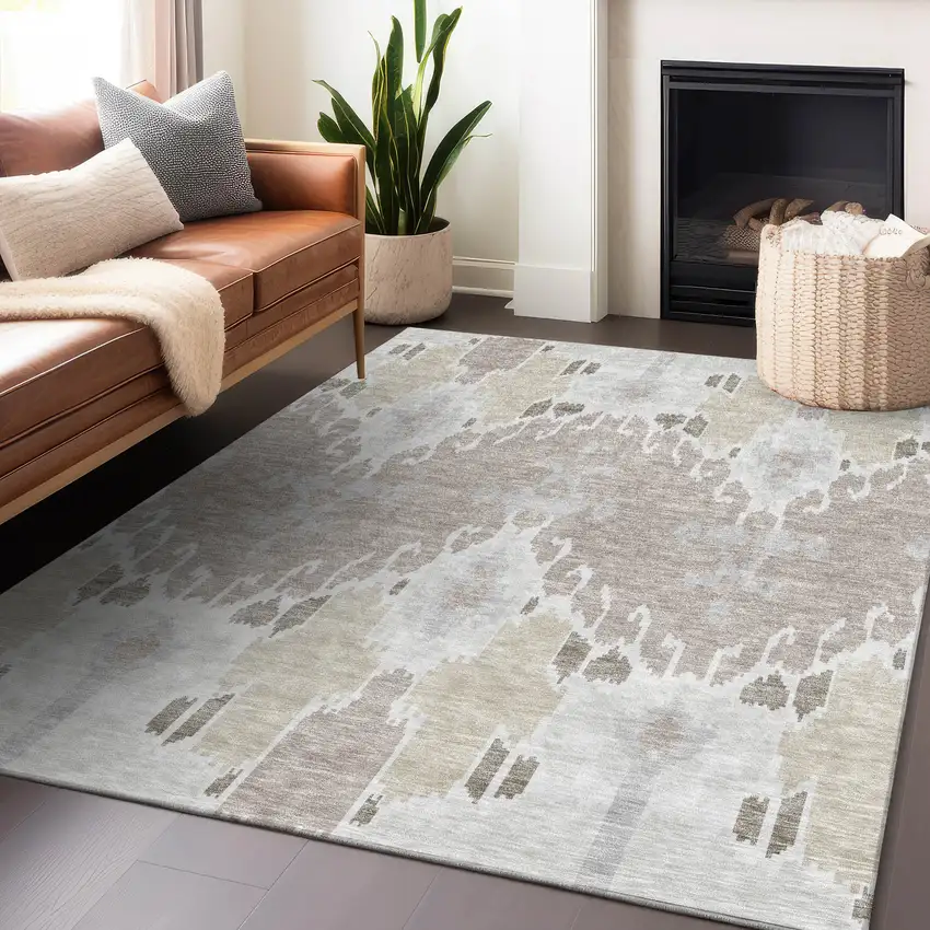 Ivory Beige And Gray Ikat Washable Area Rug With UV Protection Photo 6