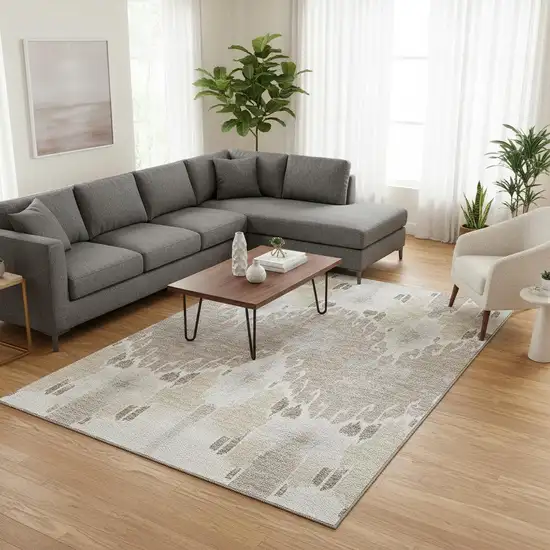 Ivory Beige And Gray Ikat Washable Area Rug With UV Protection Photo 2