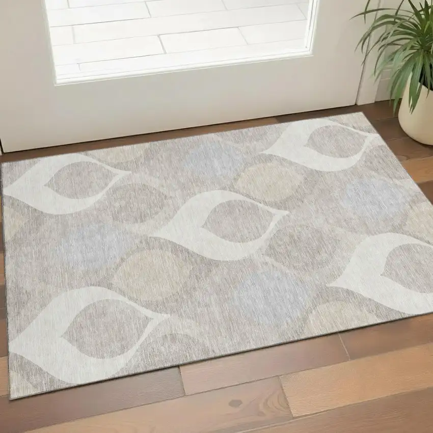 Ivory Beige And Gray Ogee Washable Area Rug With UV Protection Photo 1