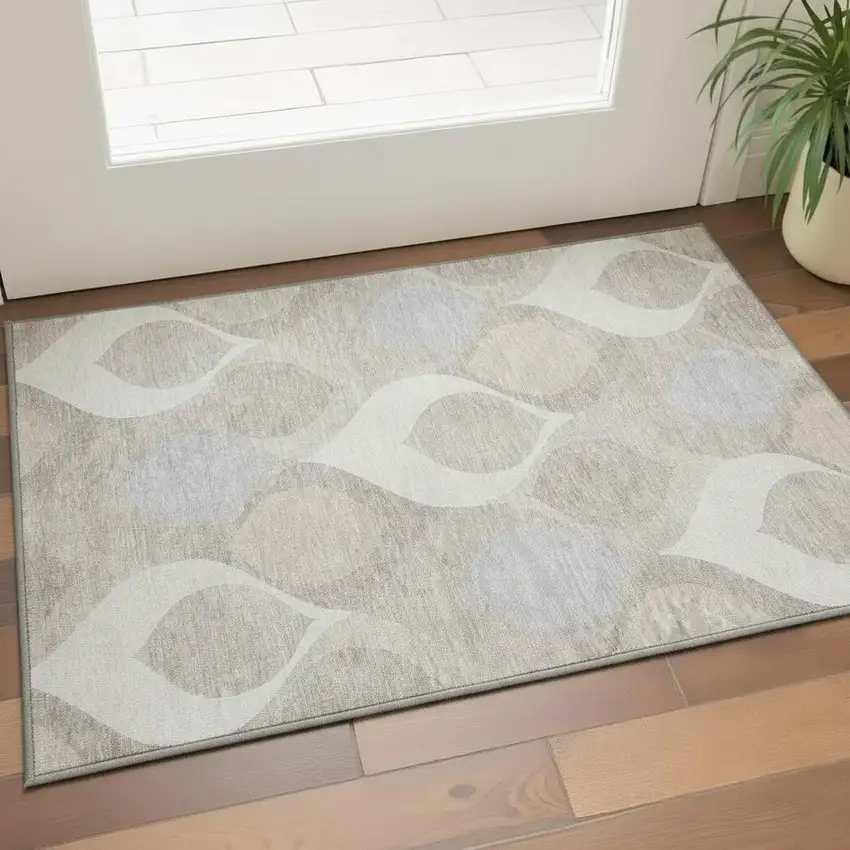 Ivory Beige And Gray Ogee Washable Area Rug With UV Protection Photo 2