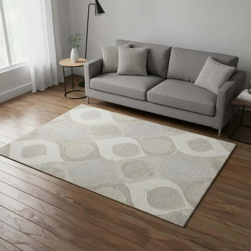 Ivory Beige And Gray Ogee Washable Area Rug With UV Protection Photo 2
